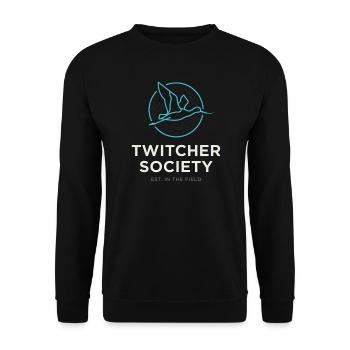 Twitcher Society Vogelbeobachtung von Äbelnabel und Vogelbeobachtung - Unisex Pullover - Schwarz - Vorne - Alina (178cm) & Michal (187cm)