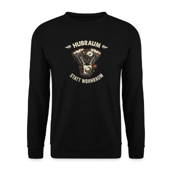 Hubraum statt Wohnraum - Retro Biker Spruch - Unisex Pullover - Schwarz - Vorne - Alina (178cm) & Michal (187cm)