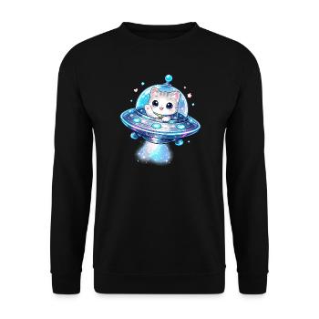 Kawaii Katzen UFO Weltraumfreund - Unisex Pullover - Schwarz - Vorne - Alina (178cm) & Michal (187cm)