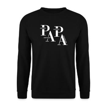 Gestaffeltes PAPA Design in Weiß für dunkle Mode - Unisex Pullover - Schwarz - Vorne - Alina (178cm) & Michal (187cm)