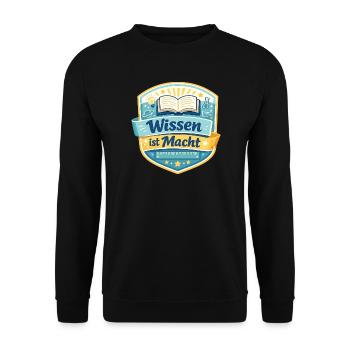 Wissen ist Macht Badge - Unisex Pullover - Schwarz - Vorne - Alina (178cm) & Michal (187cm)