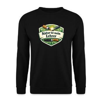 Natur ist mein Lehrer – Waldbadge - Unisex Pullover - Schwarz - Vorne - Alina (178cm) & Michal (187cm)