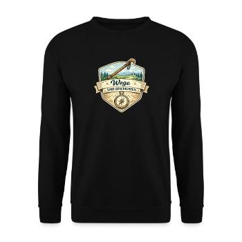 Wege Sind Geschichten Badge - Unisex Pullover - Schwarz - Vorne - Alina (178cm) & Michal (187cm)