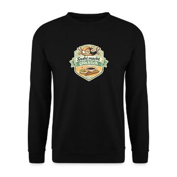 Sushi macht glücklich Sticker - Unisex Pullover - Schwarz - Vorne - Alina (178cm) & Michal (187cm)