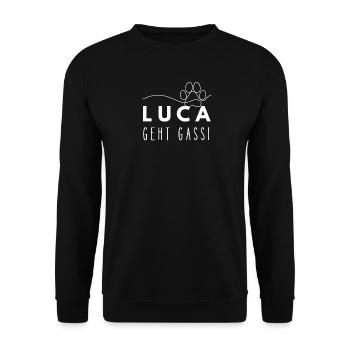 Luca geht Gassi Namensshirt Hundepfote Hundeleine - Unisex Pullover - Schwarz - Vorne - Alina (178cm) & Michal (187cm)