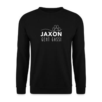 Jaxon geht Gassi Namensshirt Hundepfote Hundeleine - Unisex Pullover - Schwarz - Vorne - Alina (178cm) & Michal (187cm)