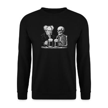 Arthur Schopenhauer trinkt Bier mit Skelett - Unisex Pullover - Schwarz - Vorne - Alina (178cm) & Michal (187cm)