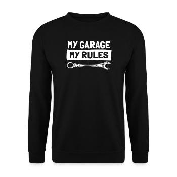 Mon garage, mes règles, amoureux de voitures, gars de voitures, mécanicien. - Sweat-shirt Unisexe - noir - Devant - Alina (178cm) & Michal (187cm)