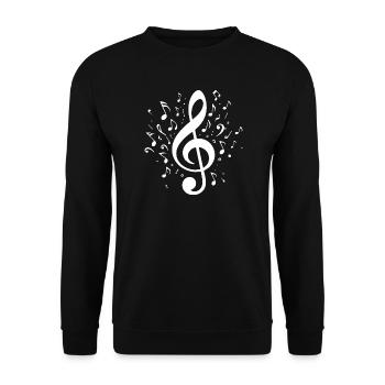 Explodierender Notenschlüssel mit Noten - Unisex Pullover - Schwarz - Vorne - Alina (178cm) & Michal (187cm)