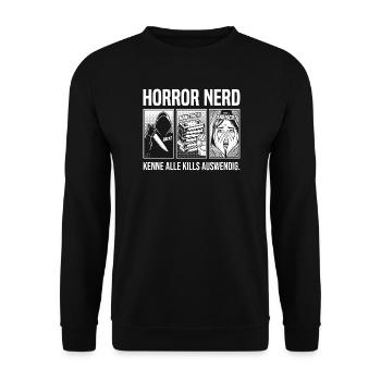 Horror Nerd Kenne alle Kills auswendig - Unisex Pullover - Schwarz - Vorne - Alina (178cm) & Michal (187cm)