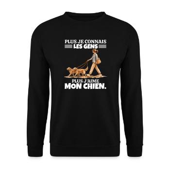 Plus J'aime Mon Chien : Humour Femme et Goldens - Sweat-shirt Unisexe - noir - Devant - Alina (178cm) & Michal (187cm)