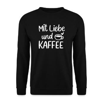Mit Liebe und Kaffee Illustration Morgenmuffel - Unisex Pullover - Schwarz - Vorne - Alina (178cm) & Michal (187cm)