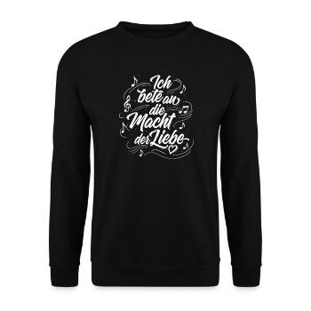 Ich bete an die Macht der Liebe - Lettering - Unisex Pullover - Schwarz - Vorne - Alina (178cm) & Michal (187cm)