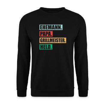 Papa Grillmeister Held Für Vatertag BBQ - Unisex Pullover - Schwarz - Vorne - Alina (178cm) & Michal (187cm)