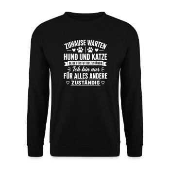 Zuhause Warten Hund und Katze - Unisex Pullover - Schwarz - Vorne - Alina (178cm) & Michal (187cm)