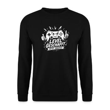 Level geschafft jetzt Snacks Zeit - Unisex Pullover - Schwarz - Vorne - Alina (178cm) & Michal (187cm)