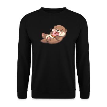 Kuschelbär mit Donut-Genuss - Unisex Pullover - Schwarz - Vorne - Alina (178cm) & Michal (187cm)