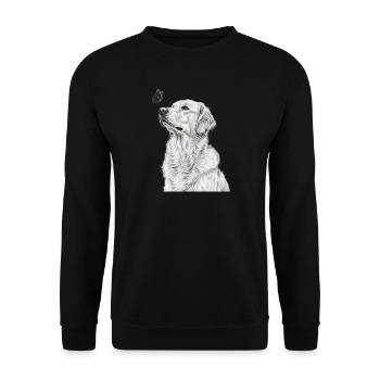Golden Retriever Illustration mit Schmetterling - Unisex Pullover - Schwarz - Vorne - Alina (178cm) & Michal (187cm)