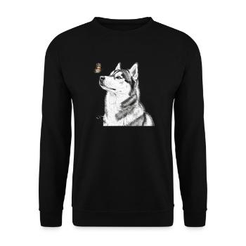 Husky mit Schmetterling Banksy Style Motiv - Unisex Pullover - Schwarz - Vorne - Alina (178cm) & Michal (187cm)