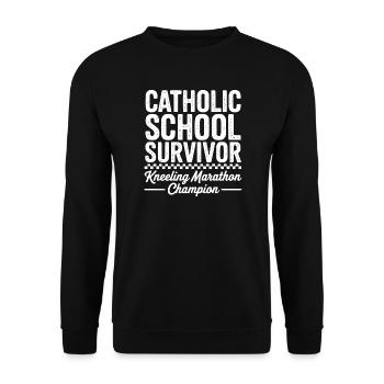  Catholic School Survivor Funny Kneeling Marathon - Unisex Pullover - Schwarz - Vorne - Alina (178cm) & Michal (187cm)