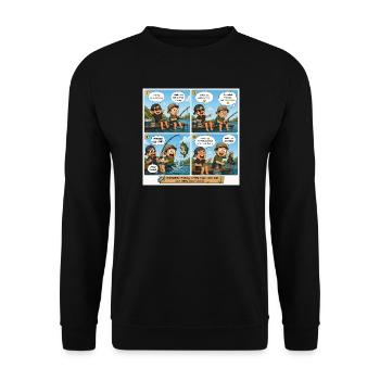 Entspannender Angel-Comic: Lektion zum großen Fang - Unisex Pullover - Schwarz - Vorne - Alina (178cm) & Michal (187cm)