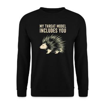 My Threat Model Includes You – Stachelschwein - Unisex Pullover - Schwarz - Vorne - Alina (178cm) & Michal (187cm)
