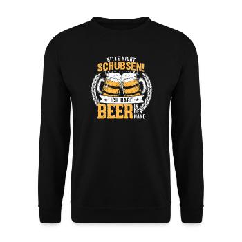 Bitte Nicht Schubsen, Ich Habe Bier In Der Hand - Unisex Pullover - Schwarz - Vorne - Alina (178cm) & Michal (187cm)