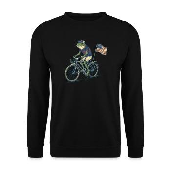 Funny Frog Riding Bicycle with American Flag - Unisex Sweatshirt - black - Front - Alina (178cm) & Michal (187cm)