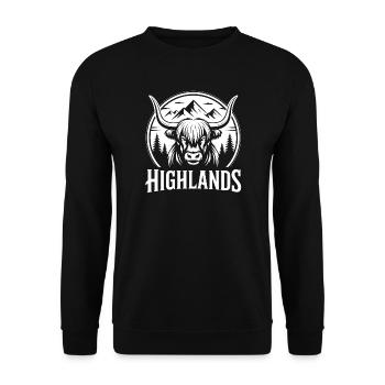 Highland Kuh Berglandschaft Rundlogo - Unisex Pullover - Schwarz - Vorne - Alina (178cm) & Michal (187cm)