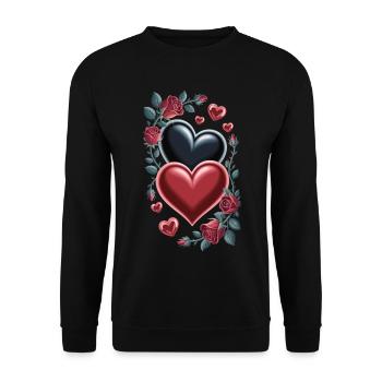 Herz Rosen T-Shirt - Rote Rosen und Herzen - Unisex Pullover - Schwarz - Vorne - Alina (178cm) & Michal (187cm)