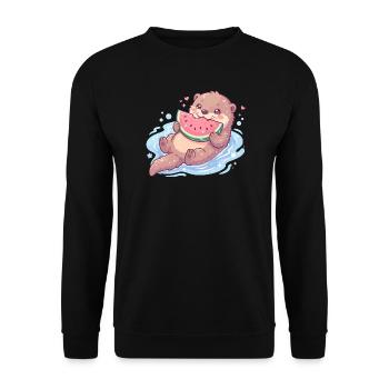 Kawaii Otter Eating Watermelon - Unisex Sweatshirt - black - Front - Alina (178cm) & Michal (187cm)