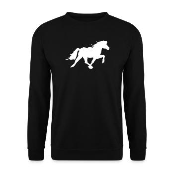 Sportliches Islandpferd im Rennpass - Unisex Pullover - Schwarz - Vorne - Alina (178cm) & Michal (187cm)