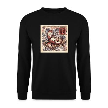 Lustiger Sushi Otter Auf Holzbank Vor Wellen - Unisex Pullover - Schwarz - Vorne - Alina (178cm) & Michal (187cm)