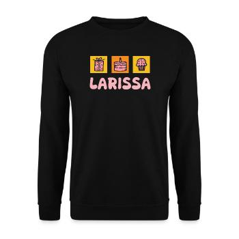 Larissa als Geburtstagskuchen - Unisex Pullover - Schwarz - Vorne - Alina (178cm) & Michal (187cm)