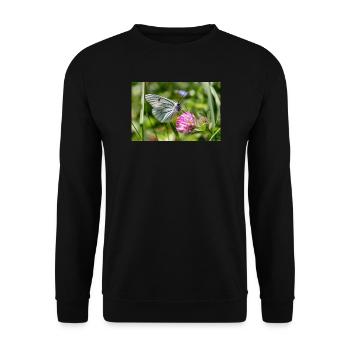 Baum-Weißling Schmetterling auf Blüte - Unisex Pullover - Schwarz - Vorne - Alina (178cm) & Michal (187cm)