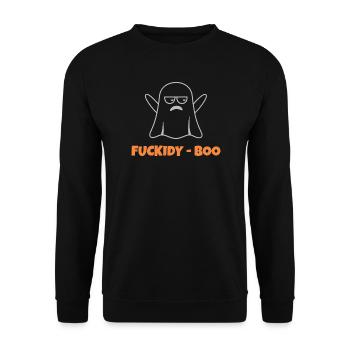 Fuckidy-Boo | Funny Halloween Ghost Design - Unisex Pullover - Schwarz - Vorne - Alina (178cm) & Michal (187cm)