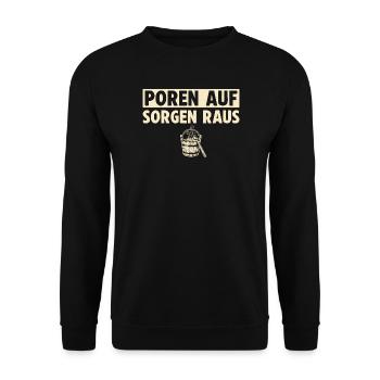 Poren auf Sorgen raus Sauna - Unisex Pullover - Schwarz - Vorne - Alina (178cm) & Michal (187cm)