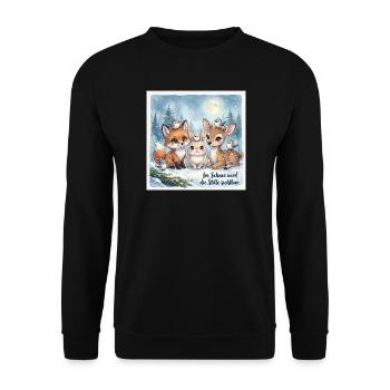Süße Winterwald Tiere – Fuchs, Hase und Rehkitz  - Unisex Pullover - Schwarz - Vorne - Alina (178cm) & Michal (187cm)