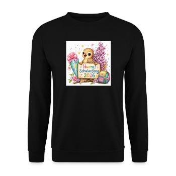 Hurra Schulanfang 2026 Kükenmotiv - Unisex Pullover - Schwarz - Vorne - Alina (178cm) & Michal (187cm)