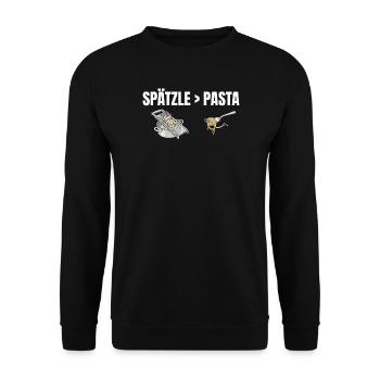 Spätzle sind besser als Pasta Schwäbisch - Unisex Pullover - Schwarz - Vorne - Alina (178cm) & Michal (187cm)