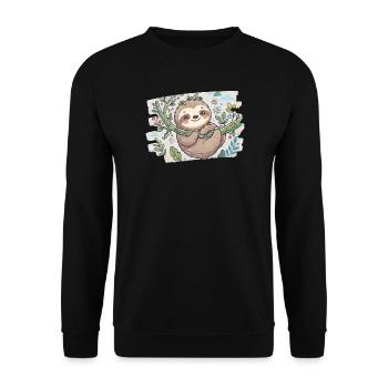 Niedliches Faultier auf Ast mit Blumen - Unisex Pullover - Schwarz - Vorne - Alina (178cm) & Michal (187cm)