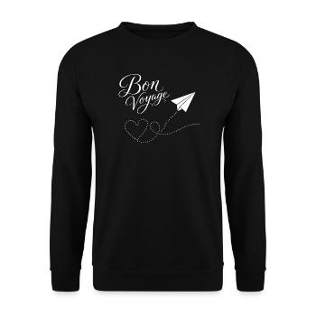 Bon Voyage gute Reise Papierzug Flugzeug mit Herz - Unisex Pullover - Schwarz - Vorne - Alina (178cm) & Michal (187cm)