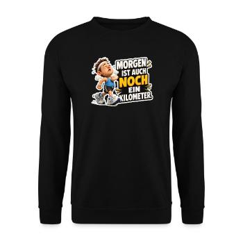 Laufen Spruch Morgen ist noch ein Kilometer Humor - Unisex Pullover - Schwarz - Vorne - Alina (178cm) & Michal (187cm)