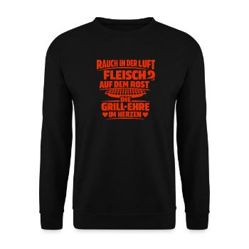 Rauch in der Luft, Grill-Ehre im Herzen - Unisex Pullover - Schwarz - Vorne - Alina (178cm) & Michal (187cm)