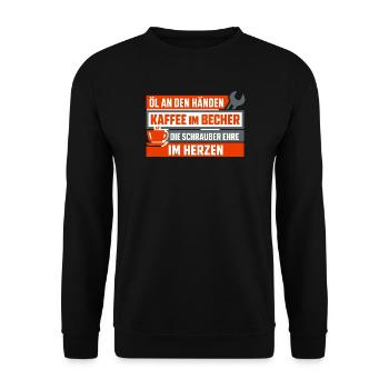 Öl an den Händen, Kaffee im Becher - Unisex Pullover - Schwarz - Vorne - Alina (178cm) & Michal (187cm)
