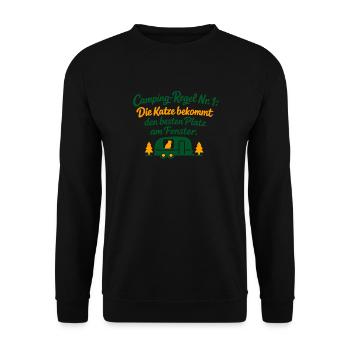 Camping-Regel Nr. 1: Die Katze bestimmt - Unisex Pullover - Schwarz - Vorne - Alina (178cm) & Michal (187cm)