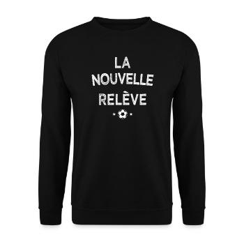 Père Fils Supporter Foot – Nouvelle Relève - Sweat-shirt Unisexe - noir - Devant - Alina (178cm) & Michal (187cm)