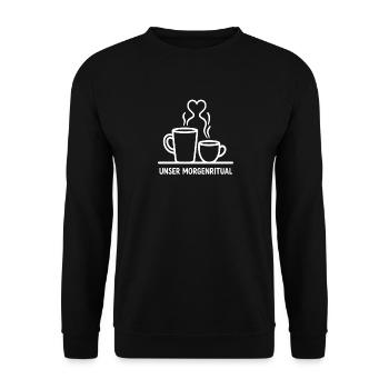 Unser Morgenritual – Kaffee & Kakao Herz Design - Unisex Pullover - Schwarz - Vorne - Alina (178cm) & Michal (187cm)