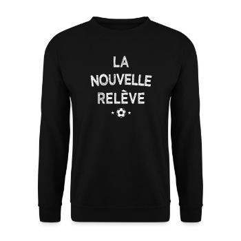 Père Fils Supporter Foot – Nouvelle Relève - Sweat-shirt Unisexe - noir - Devant - Alina (178cm) & Michal (187cm)