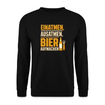 Einatmen Ausatmen Bier Aufmachen Spruch - Unisex Pullover - Schwarz - Vorne - Alina (178cm) & Michal (187cm)